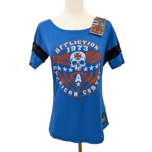 Affliction‎ American Customs Graphic Tee Y2K Biker Streetwear Lace Insets Top